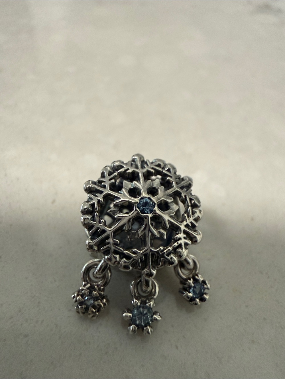 Authentic Pandora Sterling Silver Snowflake Dangle Charm w/Light Blue Stones